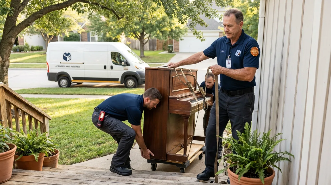 Licensed piano movers securing grand piano in Guntersville, AL