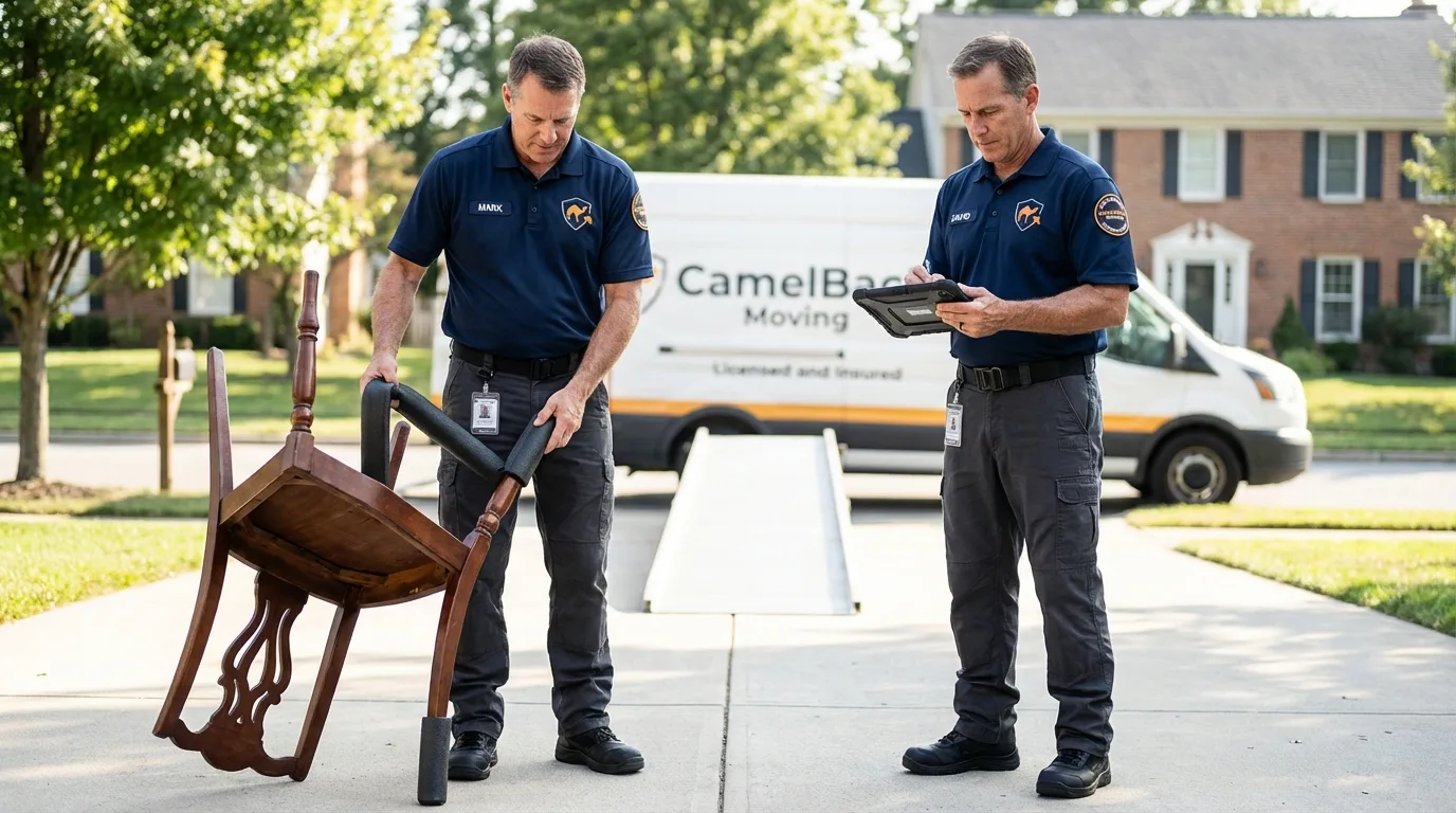 Movers inspecting furniture for damage prevention before loading in Guntersville, AL