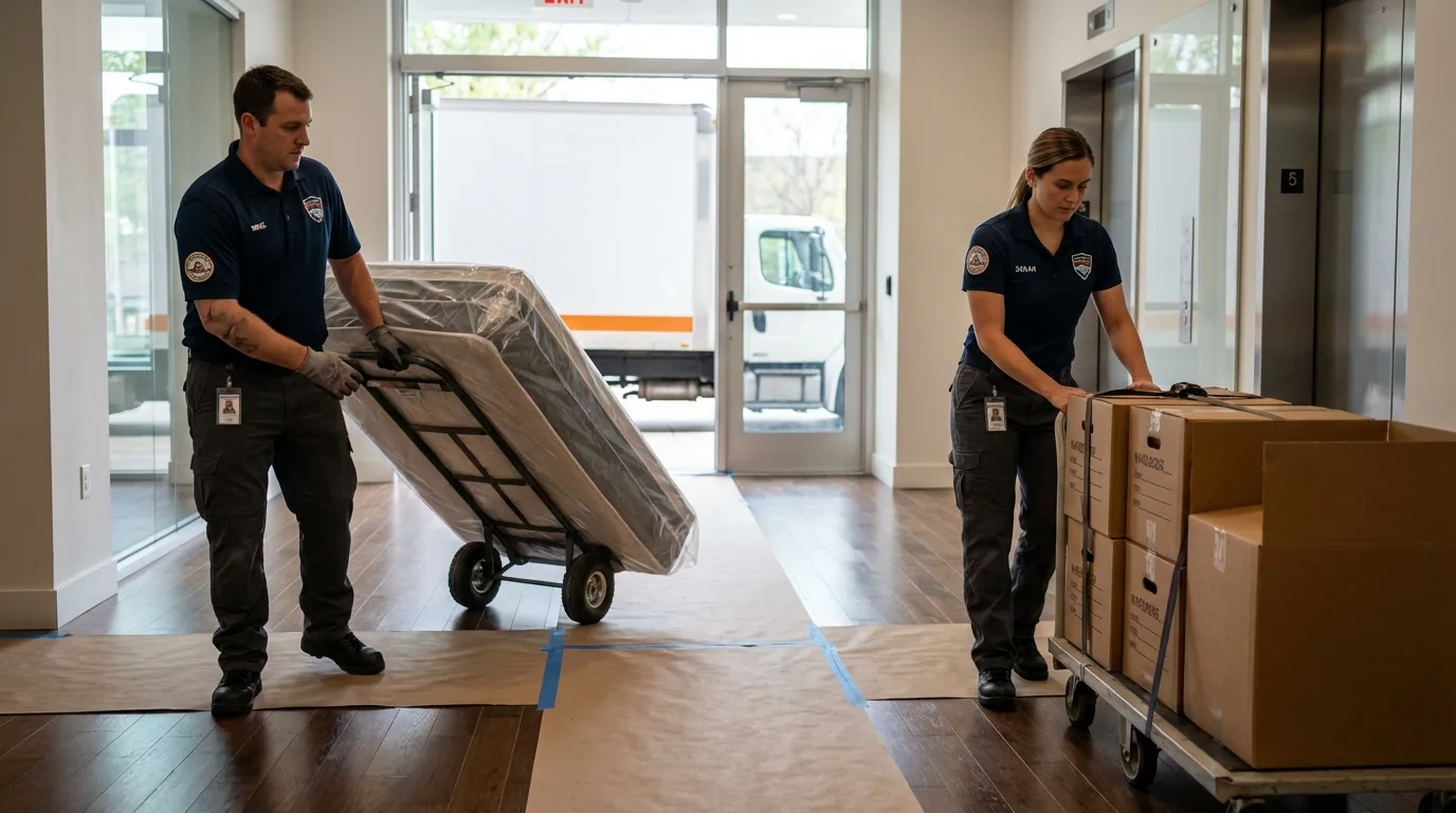 Professional apartment movers loading elevator in Guntersville, AL